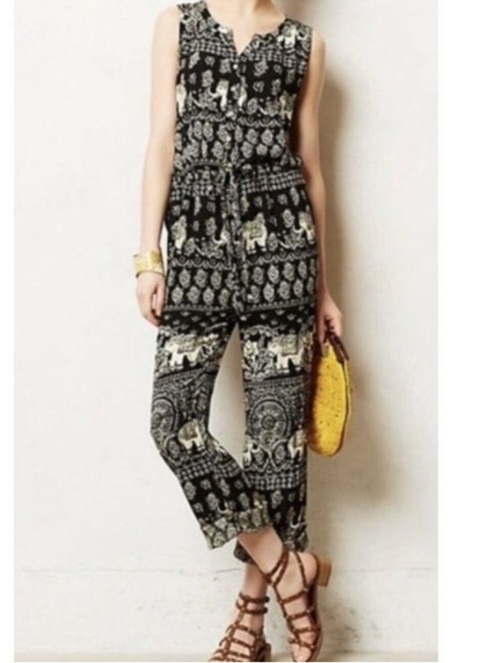 Anthropologie Lilka Jaipur Black & Cream Printed Sleeveless Jumpsuit Sz M